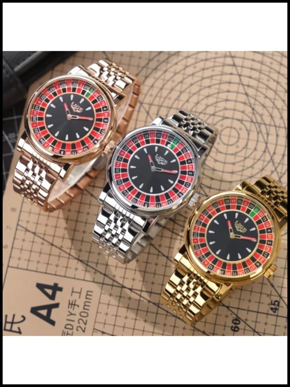 Mens Roulette Wheel Quartz Watch 45mm Stainless Steel 3ATM Waterproof